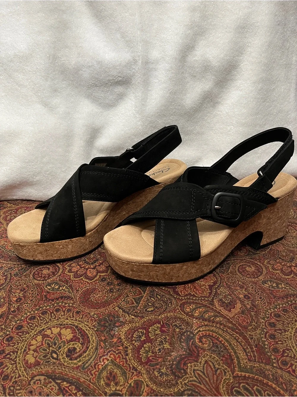 Clarks Nerisa Pace Wedge Heel Sandals - Black Nubuck - NWT - 8.5 Medium